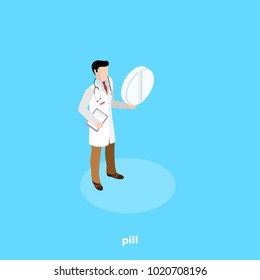 a man in a doctor's clothes holds a pill, an isometric image