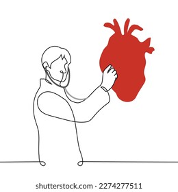 man in doctor's coat listens with a stethoscope to a huge red human heart in flat style - one line drawing vector. concept doctor cardiologist