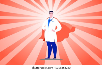  A man in a doctor's uniform with red cloak superhero defend against the virus.