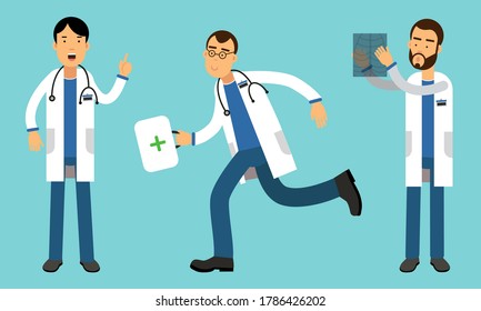 Man Doctors Wearing Medical Uniform Carrying First Aid Kit and Checking X-ray Photograph Vector Illustrations Set