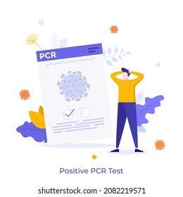 Man and document confirming viral infection. Concept of positive PCR test result, confirmation of COVID-19 infected status, coronavirus detection diagnostics. Flat vector illustration for banner.