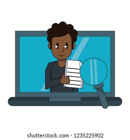 Man with document on laptop screen