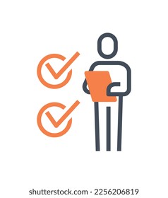 Man with document orange icon. Businessman checks goals, leadership and motivation. Time management and organization of effective workflow. Self development. Cartoon flat vector illustration
