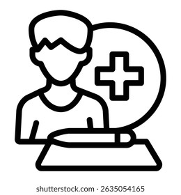 Man and document with pen line icon, family lawyer concept. Vector graphics. Medical insurance policy, human rights sign on white background, style mobile or design