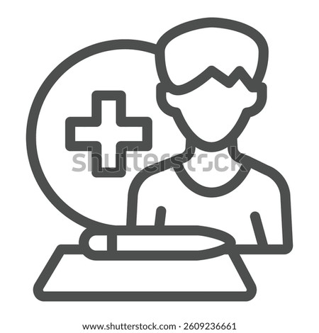Man and document with pen line icon, family lawyer concept. Vector graphics. Medical insurance policy, human rights sign on white background, outline style icon for mobile or web design