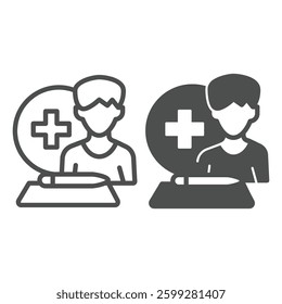Man and document with pen line and solid icon, family lawyer concept. Vector graphics. Medical insurance policy, human rights sign on white background, outline style icon for mobile or web design