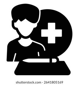 Man and document with pen solid icon, family lawyer concept. Vector graphics. Medical insurance policy, human rights sign on white background, style mobile or design
