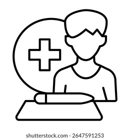 Man and document with pen thin line icon, family lawyer concept. Vector graphics. Medical insurance policy, human rights sign on white background, style mobile or design