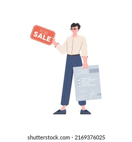 Un hombre con un documento y una tableta en sus manos a la venta. Concepto de venta inmobiliaria. Aislado. Ilustración vectorial.