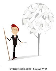 Man and document tree. Smiling man with a big pencil stands near a tree of documents
