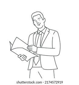 Mann mit Dokumenten, Kopienbuch. Business-Workshop-Konzept. Handgezeichnete Vektorgrafik. Schwarz-Weiß.