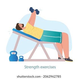 Man does bench press. Character with dumbbells shakes his chest. Fitness room, weightlifting, soport, workout, training. Athlete in competitions, strenght exercise. Cartoon flat vector illustration