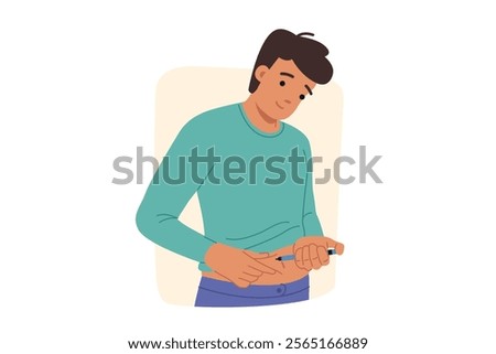 Man does diabetes insulin test by sticking syringe into stomach to prevent sugar control. Guy struggling with diabetes to avoid complications and occurrence of severe form of disease that causes death