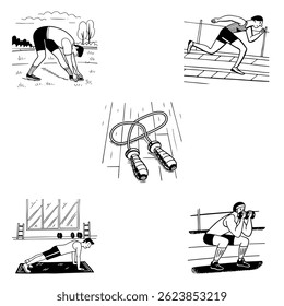 The man does exercise, running, stretching, squats, push-ups. Vector set of sketches about sports in doodle style