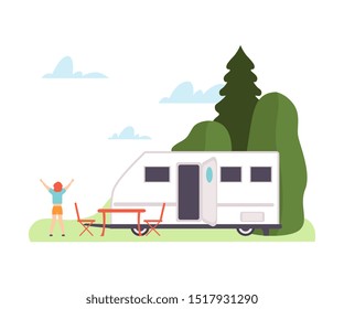 Man does exercises near the trailer. Vector illustration.