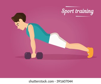 Man does exercises on a press. Vector isolated illustration. Cartoon character