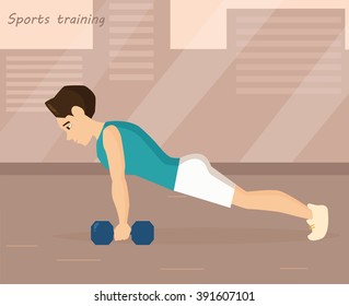 Man does exercises on a press. Vector isolated illustration. Cartoon character