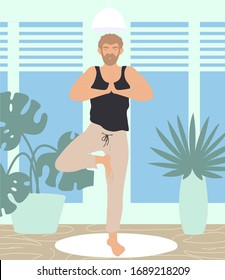 A man does gymnastics or yoga. Vector flat cartoon illustration. Concept: health, lifestyle, yoga, flexibility, concentration, meditation, balance, self-isolation, home, interior, office.
