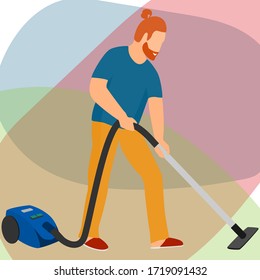 A man does homework with a vacuum cleaner in his hands. Vector in a flat style. Abstract colorful background. Floor and carpet cleaning.