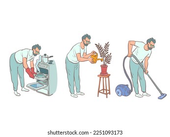 The man does household chores, cooks food in the oven, waters the plants and vacuums the floor. Responsible husband doing housework.