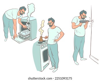 A man does household chores, dismantles the dishwasher, prepares coffee in the morning and drills the wall with a drill. Responsible husband doing homework.