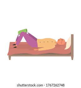 A man does a leg workout with a towel on the bed. Sports exercise vector illustration