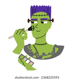 Un hombre hace maquillaje para las vacaciones. Aterrador disfraz de monstruo del carnaval para Halloween. Ilustración del vector