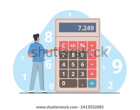 Man does math with big calculator. Mathematical calculating. Numbers counting. Debt payments calculation. Banking accounting. Finance balance. Mathematics education. Vector concept