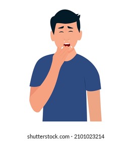 The man does not cover his mouth before sneezing. The man is coughing. Seasonal allergies. Healthcare concept. Vector illustration