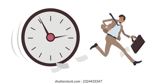 Man does not have time to complete task. Being late for work. Delayed implementation of project. Deadline, irrational work schedule planning. Problems with time management