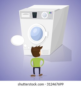 Man does not know how to use the washing machine. Blue background. Image in vector format