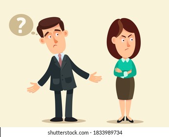 A man does not understand what is the reason for his wife's resentment. The woman was offended by her husband. The psychology of family relationships. Vector illustration, cartoon style, isolated.