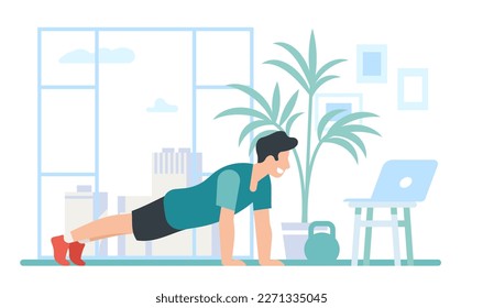 El hombre hace ejercicio en línea en el gimnasio. Estilo de vida saludable. Sala de estar. Ejercicios de fitness en interiores. Sportsman observa el entrenamiento de video por laptop. Hombre parado en una pose de tabla