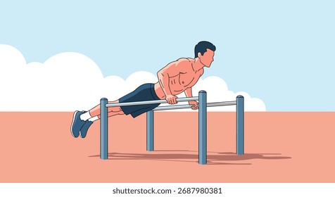 A man does push ups on parallel bars outdoors.