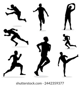 man does sports, warming up, running, jumping. Vector set of silhouettes EPS 10