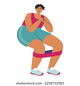 Man does a squat with an elastic band. Sports man. Flat vector illustration, eps10