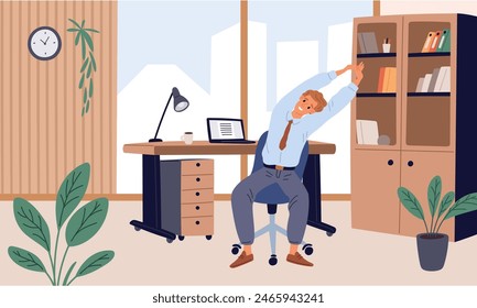 Man does stretching in workplace. Office physical exercises. Taking care of health at sedentary job. Flexible body training. Fitness for workers. Sport workout. Garish