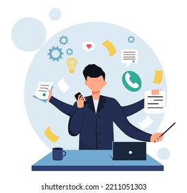 A man does a lot of things at the same time. Multihat. Vector stock illustration. White background. Style without a face. The character performs business processes. Office