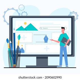 A man does web design. On the monitor is a site with pictures and text, and next to it is a glass with pencils and brushes. Flat vector illustration.