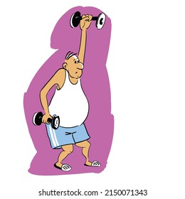 Man does workout with dumbbells. Vector illustration eps 10 on white background