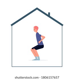 A man does a workout at home while in quarantine, on vacation, or on the weekend. Flat vector illustration of home activity.