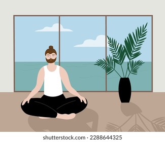 A man does yoga, meditation, does exercises in a room with a houseplant. Calm character sits on the floor against the backdrop of the seascape outside the window.Cartoon vector illustration