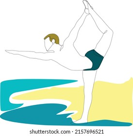 : Ein Mann macht Yoga. Der Mann streckte seinen Arm nach vorn und hielt sein Bein mit der Hand. Er steht in einem Yoga-Asana.