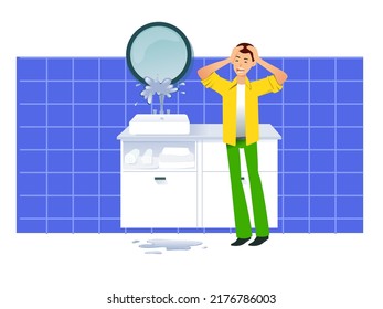 Man doesn't know what to do because the water faucet broke in his bathroom. Plumbing handyman service, call master fixing home appliances.