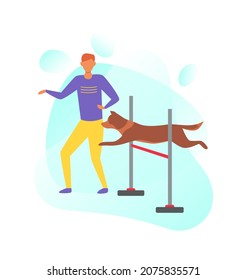 A man with a dog. Agility for dogs, sports, training. Love and care for pets. Vector flat illustration isolated on white background.