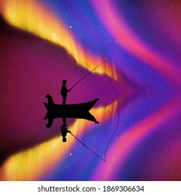 Man with dog in boat at night. Fisherman silhouette. Aurora borealis
