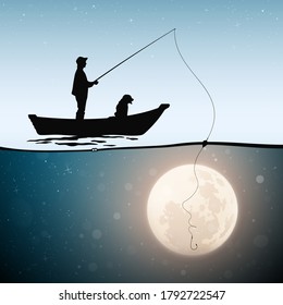 Pescador en bote con perro en la noche de la luna. Retrato femenino de una línea. La silueta del hombre alcanza la luna llena con la barra de pesca. Ilustración vectorial para uso en poligrafía, textil, diseño, decoración interior