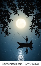 Pescador en bote con perro en la noche de la luna. La silueta humana captura peces con una barra de pesca enmarcada por ramas. Luna llena de cielo estrellado. Ilustración vectorial para uso en poligrafía, textil, diseño, decoración