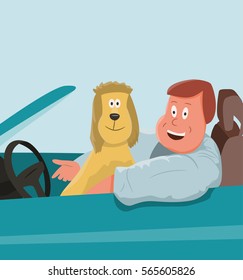 Man and dog in the car.Vector  illustration.