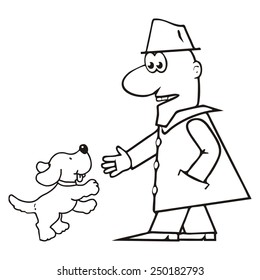 man and dog, coloring book, vector illustration